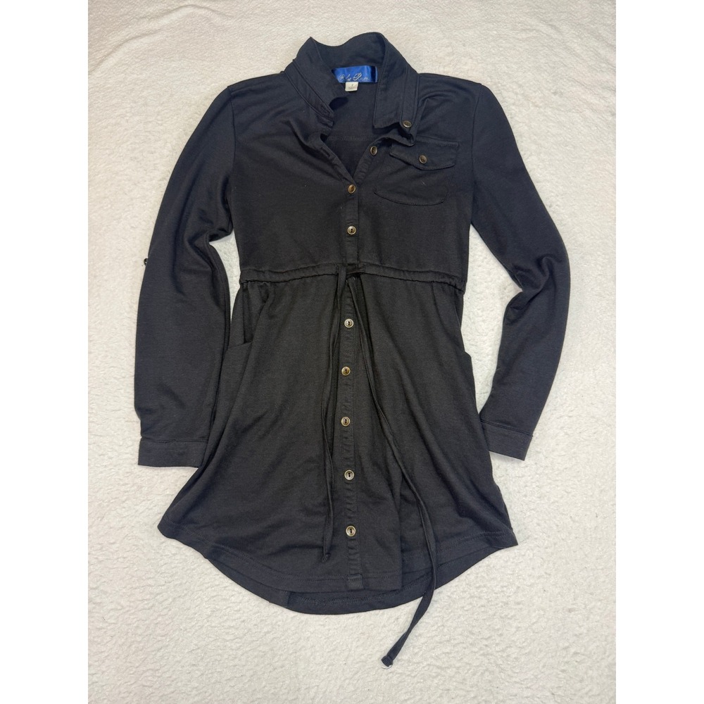 Blue Rain Black Long Sleeve Drawstring Waist Button Down Tunic Top Small
